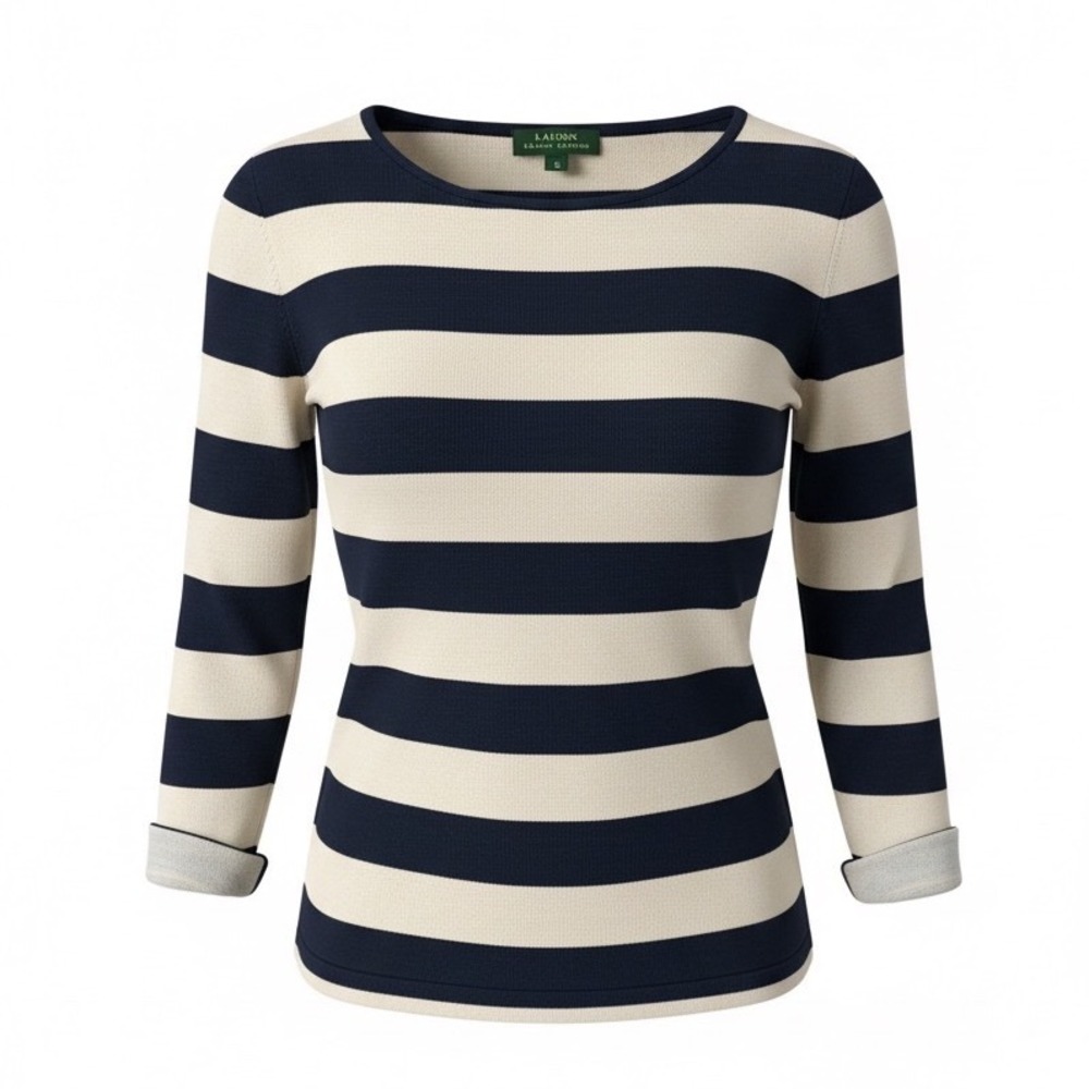 Lauren Ralph Lauren Silk Blend Striped Boat Neck Top Navy Cream 3/4 Sleeve M